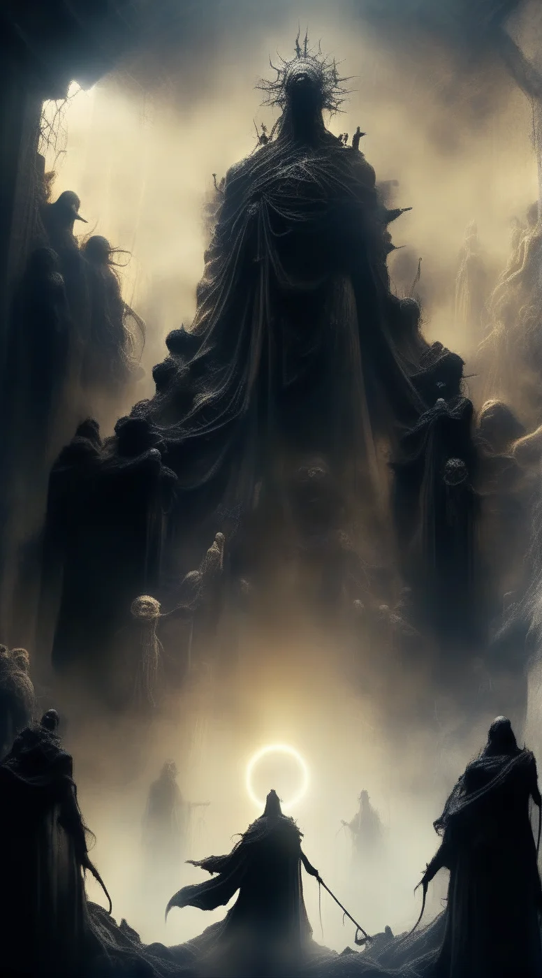 abysues god of darkness in a post-apocalyptic kingdom surrounded by shadow people, expressiv light, cinematic, enigmatic <lora:abysues:1>