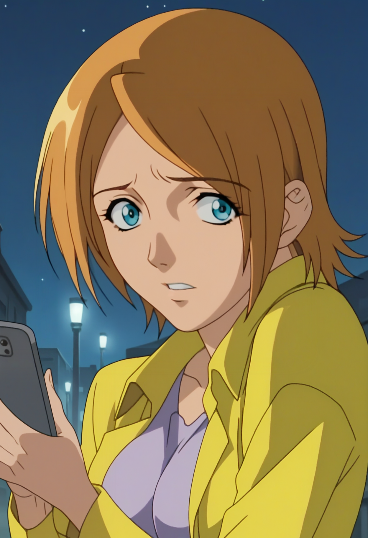 score_9, score_8_up, score_7_up, score_6_up, anime screencap, anime coloring, <lora:TheUrotsukiMob1_epoch_9:0.9>, MinakoHaruno, 1girl, solo, orange hair, short hair, blue eyes, breasts,
yellow jacket, long sleeves, purple dress, white thighhighs, legs, open jacket, 
looking at viewer, upper body, holding phone, scared, grey phone,
BREAK (street:1.1), night sky, night, lamppost,