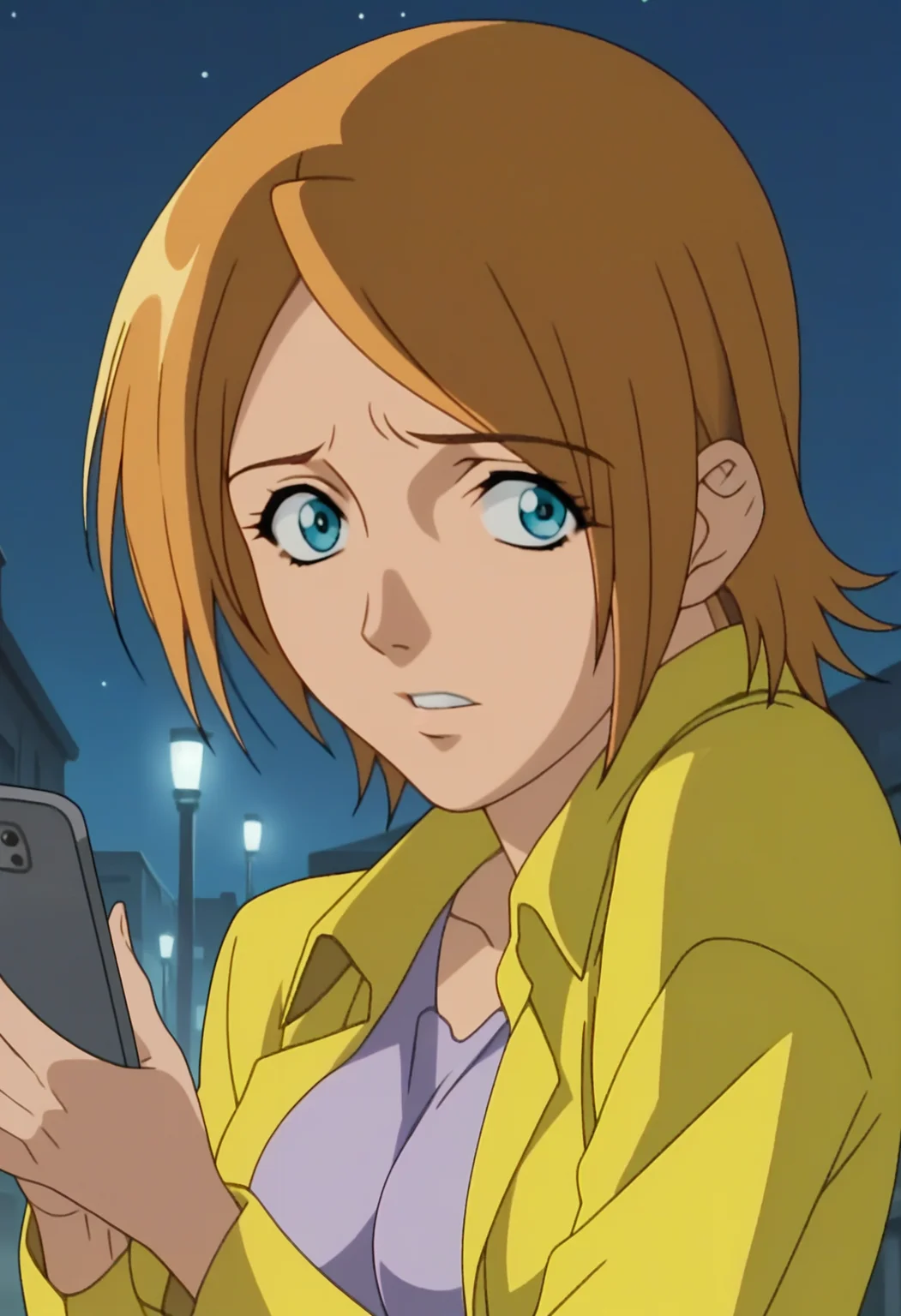 score_9, score_8_up, score_7_up, score_6_up, anime screencap, anime coloring, <lora:TheUrotsukiMob1_epoch_9:0.9>, MinakoHaruno, 1girl, solo, orange hair, short hair, blue eyes, breasts,
yellow jacket, long sleeves, purple dress, white thighhighs, legs, open jacket, 
looking at viewer, upper body, holding phone, scared, grey phone,
BREAK (street:1.1), night sky, night, lamppost,