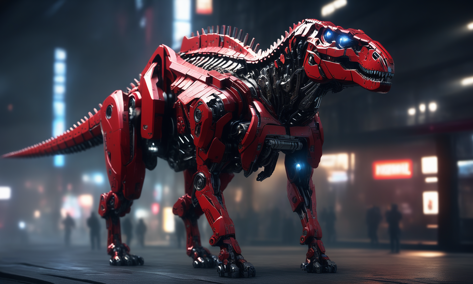 <lora:mechcd_xl-000007:0.8>,a (mechcd_xl,mech,cyberpunk,shiny,glowing,mechanical parts,joints,military) tyrannosaurus,red theme,no humans,solo,long-focus,tilt-shift,outdoors,full body,cityscape,at night,dim light,glowing eyes,science fiction,dystopian,futuristic,intricate,chinese zodiac,still life,front view,facing viewer,looking at viewer, emotional,harmonious,high budget,moody,epic,gorgeous,perfect lighting,realistic,photorealistic,photographic,photo (medium),real,moody lighting,volumetric lighting,reality ray tracing,8K,HDR,UHD,masterpiece,best quality,highly detailed,high resolution,finely detail,extremely detailed,ultra detailed,wallpaper