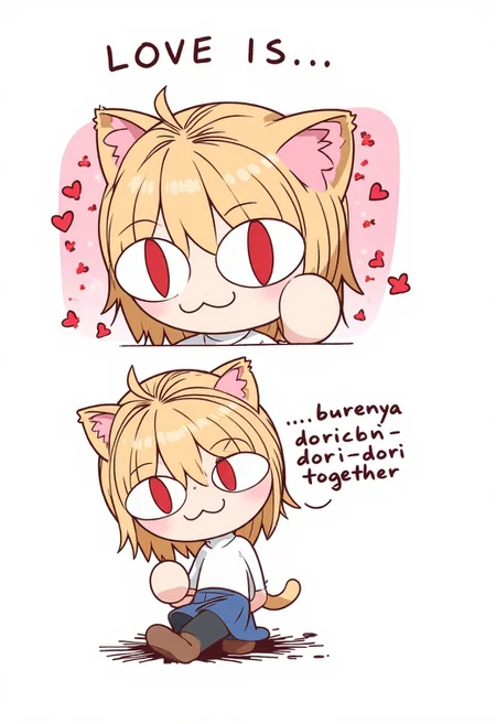 love1s. "love is" style illustration showing an image of Neco Arc, a chibi with short, messy, light tan hair. She has large, red eyes and cat ears. She is wearing white turtleneck sweater, blue pleated skirt, black thighs and brown footwear.
She is embarrassed, her face covered with blush. At the top of the image there is an inscription "LOVE IS...", atr the bottom of the image isncription is "...burenya dori-dori-dori together". Both inscripton are bold italic font.
Background is abstract and love-themed, with hearts and particles