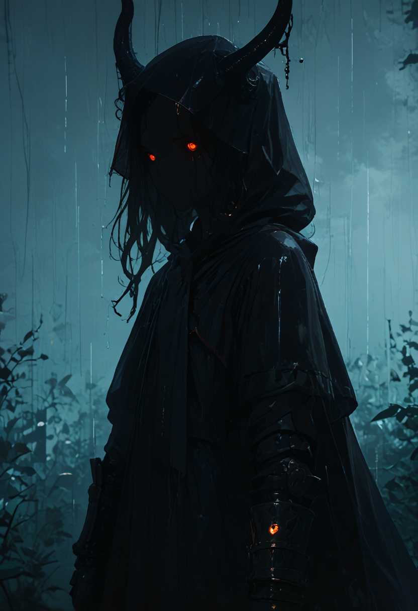 score_9, score_8_up, score_7_up, NLSTN, glowing, dark, a girl, horns, glowing tears, arm0rs3nt1n3l, templar, gauntlets, sheath, veil, cloak, hood up, pauldrons, sheathed, raining, <lora:sdxl_lightning_8step_lora:1> <lora:p-skin:1> <lora:NLSTN:1,1,0,0,1,0,1,1,1,0,0,0> <lora:ArmorSentinelV2:0,0,1,0,0,0,1,0,0,0,0,0>