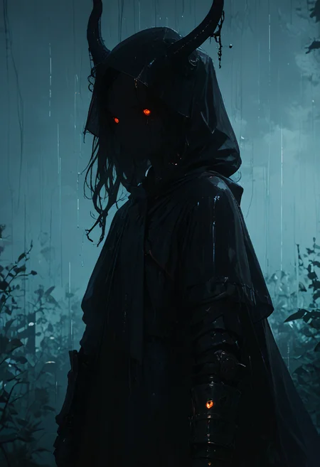 score_9, score_8_up, score_7_up, NLSTN, glowing, dark, a girl, horns, glowing tears, arm0rs3nt1n3l, templar, gauntlets, sheath, veil, cloak, hood up, pauldrons, sheathed, raining, <lora:sdxl_lightning_8step_lora:1> <lora:p-skin:1> <lora:NLSTN:1,1,0,0,1,0,1,1,1,0,0,0> <lora:ArmorSentinelV2:0,0,1,0,0,0,1,0,0,0,0,0>
