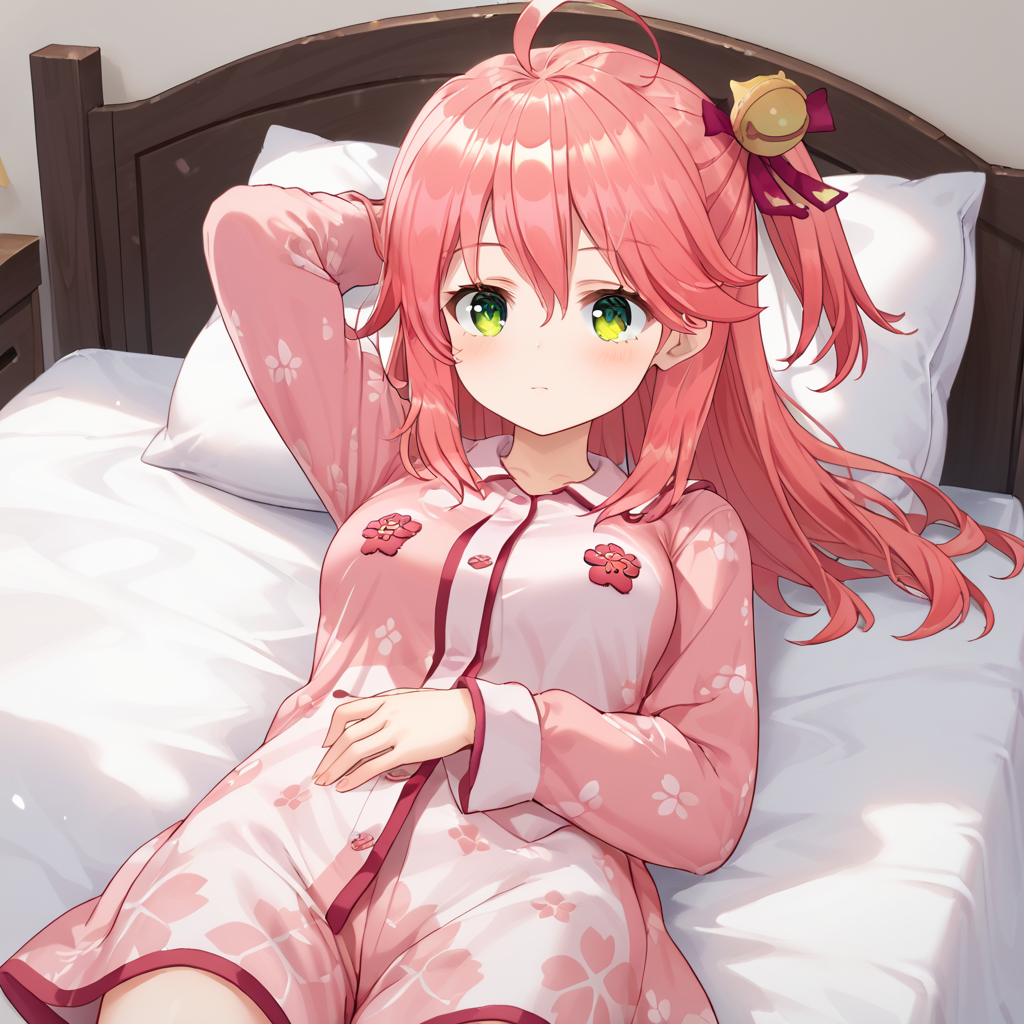 score_9,score_8_up,score_7_up,source_anime,high res image,masterpiece,best quality,woman,cute face,clear skin,shiny hair,ultra detailed eyes,1girl,<lora:Sakura_Miko_ãããã¿ã_hololiveVtube-000004:0.8>,Miko_nml,pink hair,pink hair,ahoge,long hair,one side up,cowboy shot,<lora:cnv3mdde878c738thn20:0.8>,cute pajamas,sleepwear,sleepy,bedroom,bed,indoors,on_side,sleep,arm up,