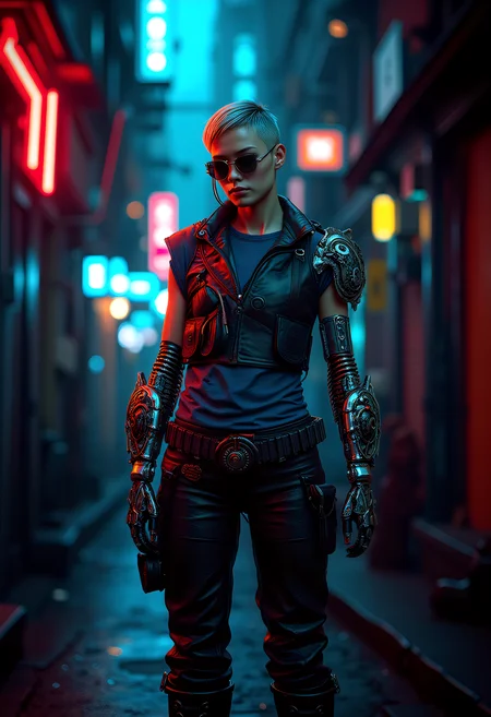 Amidst the vibrant cyberpunk metropolis, a young vikingpunk mercenary stands out in a neon-lit alley, her cybernetic implants and (biomechanical cybernetic mechanical_arms with organic elements fused with metal, pulsing veins, biomechanical textures), glowing in the city's light. She wears a futuristic vikingpunk outfit, including leather_vest, wide combat style leather_belt, shirt, leather_pants, with combat_boots. The ensemble is reminiscent of vintage viking armor with a completely futuristic aesthetic. The alley, bustling with urban life, sets the stage for her confident presence. Her short undercut hair and terminator-style sunglasses create a distinctive look, representing the fusion of her cultural heritage and futuristic enhancements. This scene, with its atmospheric lighting and urban environment, captures the essence of a viking woman, transported through time, navigating this new world, leaving a lasting impression in the heart of the city. <lora:scifi/fluxVikingPunk_v2.safetensors:0.7>, <lora:flux_trainer/fluxPunk_v1.safetensors:1.0>,