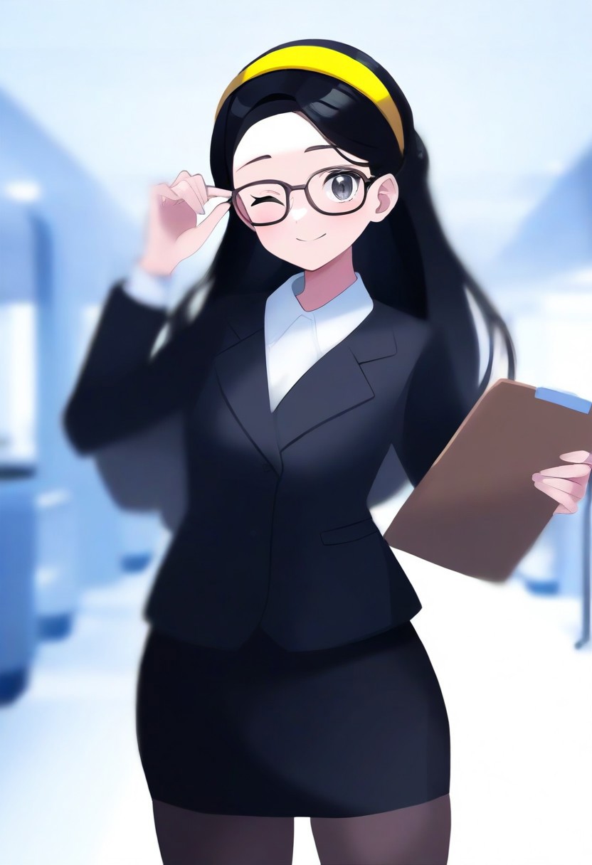 2d, masterpiece, best quality, amazing quality, highres, absurdres, newest, standing, smile, closed mouth, cowboy shot, upper body, 1girl, solo, senpai, long hair, black hair, black eyes, small breasts, yellow hairband, black jacket, long sleeves, white shirt, black skirt, pencil skirt, black pantyhose, holding clipboard, hand own glasses, glasses, thighs, looking at viewer, portrait,masterpiece,best quality,newest,absurdres,highres, indoor, office room, one eye closed. hallway,