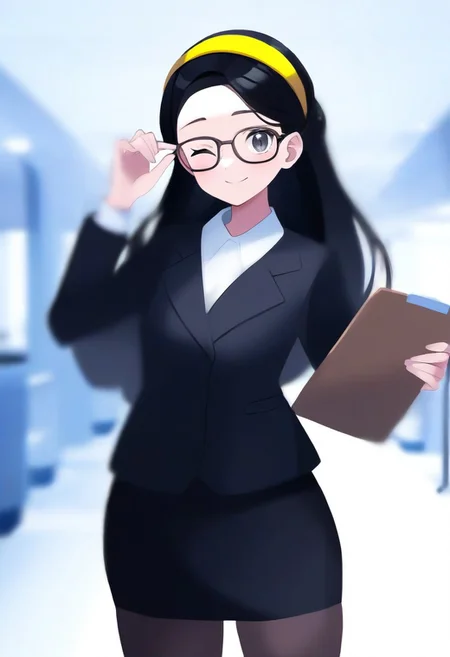 2d, masterpiece, best quality, amazing quality, highres, absurdres, newest, standing, smile, closed mouth, cowboy shot, upper body, 1girl, solo, senpai, long hair, black hair, black eyes, small breasts, yellow hairband, black jacket, long sleeves, white shirt, black skirt, pencil skirt, black pantyhose, holding clipboard, hand own glasses, glasses, thighs, looking at viewer, portrait,masterpiece,best quality,newest,absurdres,highres, indoor, office room, one eye closed. hallway,