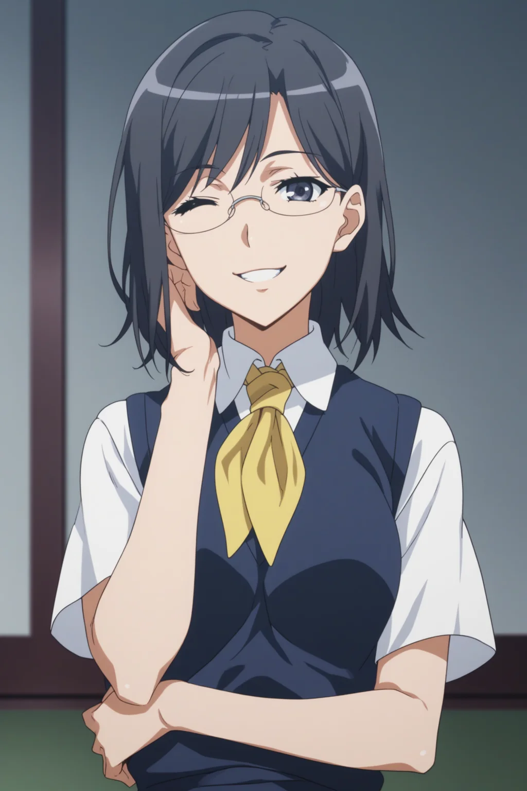 score_9, score_8_up, score_7_up, score_6_up, score_5_up, source_anime, rating_safe, smile, indoors, 1girl, solo, looking at viewer, <lora:age_slider_v4:2>, konori mii, black hair, short hair, black eyes, glasses, konorischool, school uniform, short sleeves, yellow neckerchief, white shirt, collared shirt, armband, blue sweater vest, untucked sweater, grey skirt, pleated skirt, white socks, loafers, <lora:Mii_Konori:0.8>, half closed eyes, (upper body:1.2), wink