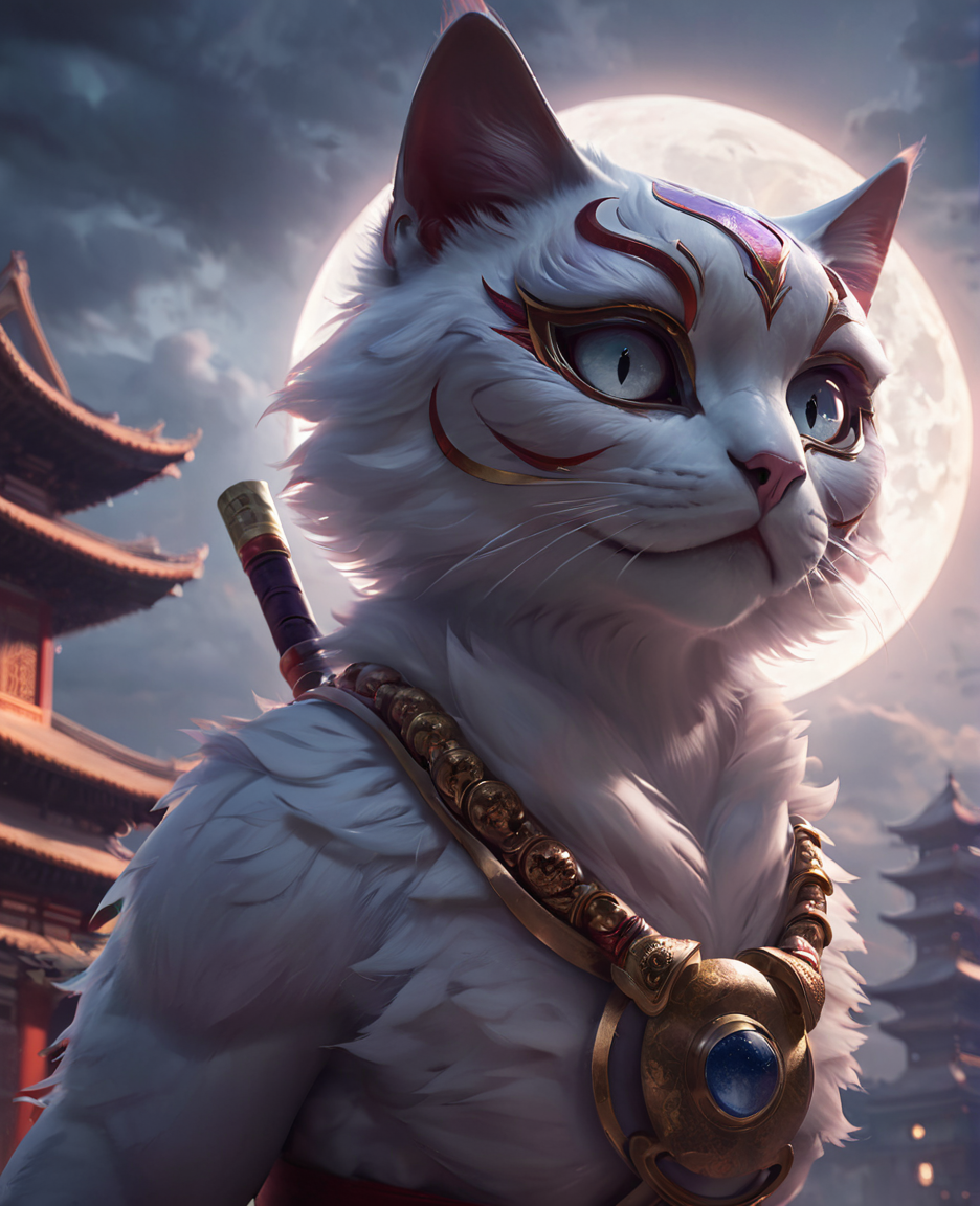 <lora:bloodmoonXL-step00000250:0.9>,bldmoon,cat,full moon,cinematic,oriental,mask.cloudy sky,ultra detailed,ray tracing,cloudy sky,octane render,intricate,cinematic,oriental,glowing features,masterpiece,hyper realistic reflections,50nm dof,bokeh,realistic,sharp focus,ultra detailed,8k,uhd,surging power,high resolution,trending on artstation and deviantart,featured,style of __fantasy-artist__ and Hideyuki Kikuchi