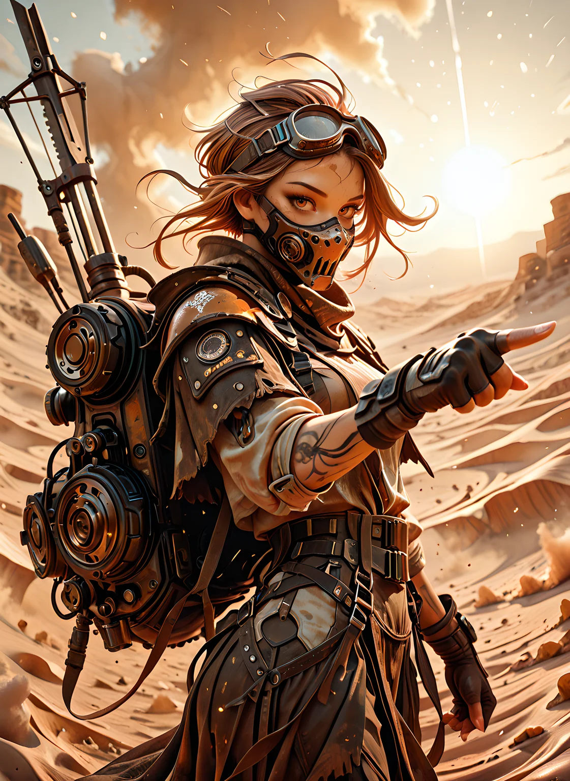 absurdres, best_quality, masterpiece, highres, RAW photo, DSLR, cowboy shot, from side, extremely_detailed, looking_at_viewer, head_turned_to_viewer, sharp_focus, dynamic_pose, wearing_backpack, cinematic_composition, subject_focus, woman_standing, powerful_pose, dominant_female, intense_gaze, confident_expression, windblown_hair, tattered_cloak, desert_nomad_outfit, leather_straps, layered_fabrics, fingerless_gloves, goggles_on_head, dust_mask, shoulder_armor, sun-scorched_skin, post_apocalyptic_fashion, sandstorm_background, barren_landscape, cracked_earth, sun_haze, orange_and_brown_color_palette, harsh_lighting, rim_light, dust_particles, wind_effect, atmospheric_shadows, futuristic_scrap_gear, makeshift_weapon_on_back, (very_awa, masterpiece, best_quality, year_2024, newest, absurdres, highres:1), pointing at viewer, holding weapon,
<lora:SLE_v2:0.7>, <lora:illustrious_quality_modifiers_masterpieces_v1:1>, <lora:FINALE:0.6>