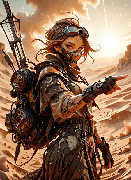 absurdres, best_quality, masterpiece, highres, RAW photo, DSLR, cowboy shot, from side, extremely_detailed, looking_at_viewer, head_turned_to_viewer, sharp_focus, dynamic_pose, wearing_backpack, cinematic_composition, subject_focus, woman_standing, powerful_pose, dominant_female, intense_gaze, confident_expression, windblown_hair, tattered_cloak, desert_nomad_outfit, leather_straps, layered_fabrics, fingerless_gloves, goggles_on_head, dust_mask, shoulder_armor, sun-scorched_skin, post_apocalyptic_fashion, sandstorm_background, barren_landscape, cracked_earth, sun_haze, orange_and_brown_color_palette, harsh_lighting, rim_light, dust_particles, wind_effect, atmospheric_shadows, futuristic_scrap_gear, makeshift_weapon_on_back, (very_awa, masterpiece, best_quality, year_2024, newest, absurdres, highres:1), pointing at viewer, holding weapon,
<lora:SLE_v2:0.7>, <lora:illustrious_quality_modifiers_masterpieces_v1:1>, <lora:FINALE:0.6>