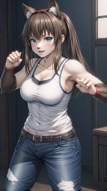 (((Hitomi, Dead or Alive, Furry Girl, body fur))),  <lyco:Transform Characters into Furry Fox Girls:0.8>  <lora:hitomi:0.4> BREAK,
blue eyes, brown hair, white t-shirt, jeans,  BREAK, 
(((fighting stance))),, masterpiece, best quality, hyperrealistic, extremely detailed, highly quality, 4k, sharp focus, professional photograph, sharp focus, award winning, cinematic lighting, octane render, unreal engine, volumetrics dtx, Wallpaper,