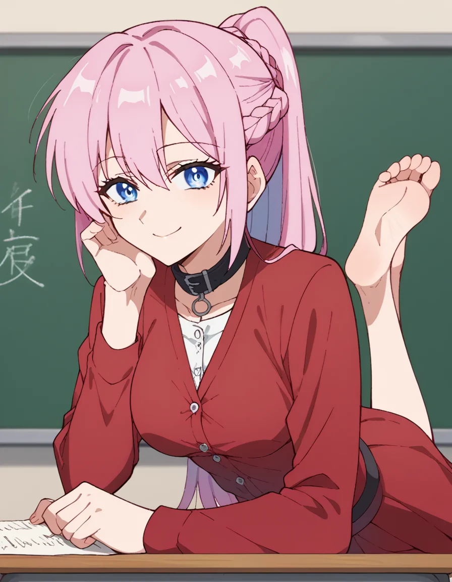 score_9, score_8_up, score_7_up, source_anime, <lora:miyako-shikimori-s1-ponyxl-lora-nochekaiser:1>, miyako shikimori, long hair, blue eyes, hair between eyes, pink hair, medium breasts,, dress, ponytail, braid, red dress, collar, button, skirt, red skirt,, classroom, desks, chalkboard, students, teacher, smile, <lora:the-pose-ponyxl-lora-nochekaiser:1>, the pose, on stomach, feet up, lying, soles, feet, legs up, head rest, barefoot, looking at viewer, solo,, dutch angle, cowboy shot
