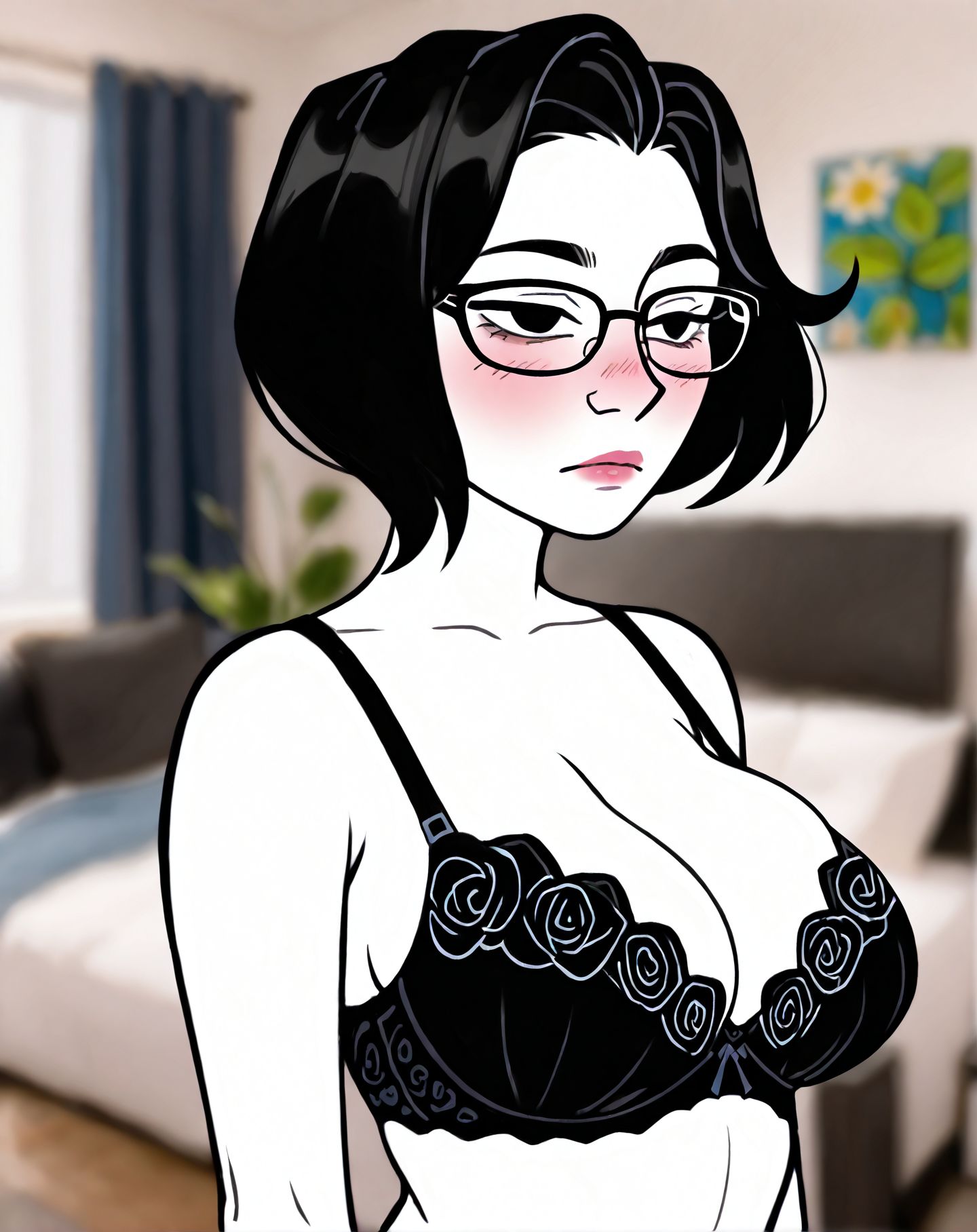 toon \(style\), 2d,
<lora:Wojak_style:1.1>Wojak style,
1girl,solo,glasses,black hair,underwear,
bra,short hair,black bra, eyelashes, 
blurry background,beauty,lips, looking at one side, 
breasts,wojak style,expressionless, blush, 
aged up, 
milf, 30YO,