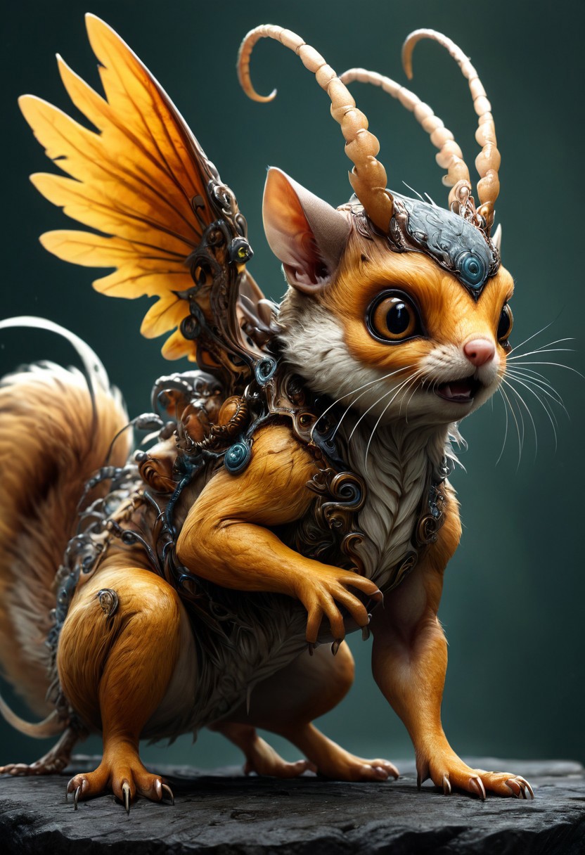 Create a stunning and highly detailed concept art of a hybrid creature inspired by a flying squirrel and centipede. Use cinematic colors and dynamic lighting to showcase the creature in a dramatic and visually striking manner. Incorporate subtle muted tones and precise anatomy to bring out the aesthetic appeal of the creature. Make use of digital painting techniques and render the artwork in a cinematic atmosphere. Aim for an epic and awe-inspiring portrayal of this unique hybrid creature.
