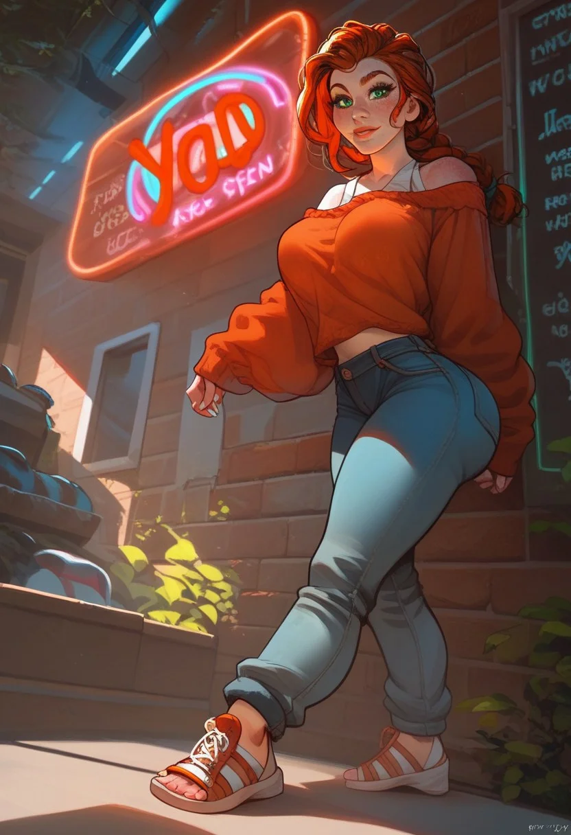 (score_9, score_8_up, score_7_up), vibrant colours, adorable face, big beautiful eyes, cute face, cute cheeks, bright colored eyes, sweaty skin, human girl, (chubby:0.3),
curvy,
bright green eyes, lidded eyes,
one big Braid, Long Hair, auburn hair, Long legs, bubble Butt, large Natural breasts, horny, White Long fingernails, milf, Sadie, white knitted jumper, loose jumper, bare Shoulders, Long sleeves, open blue denim jeans, red high heels sandals, leather shoulderbag,
Indoors, sunny day, closeup,
(Bright lobby,reception area), (brick wall),
(Large neon sign with text "beefy gym":2),