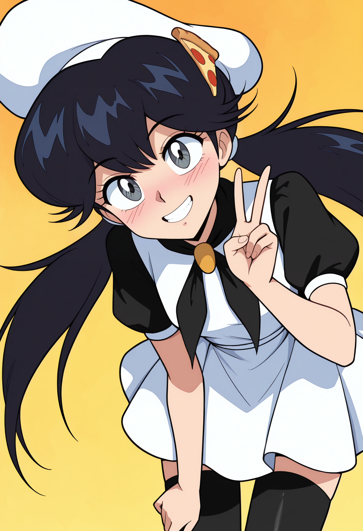 highres, best quality, masterpiece, yellow background, orange background,
anime screencap, 1990s \(style\),
1girl, solo, pprmoc, black hair, long hair, low twintails, grey eyes, retro artstyle, 
hat, white headwear, pizza slice hair ornament, white dress, black neckerchief, puffy short sleeves, black sleeves, black thighhighs,
looking at viewer, smile,
blush, leaning forward, v, teeth,
<lora:_peppina_ramen_ketrindarkdragon-oc-elesico-ilxlE:1>