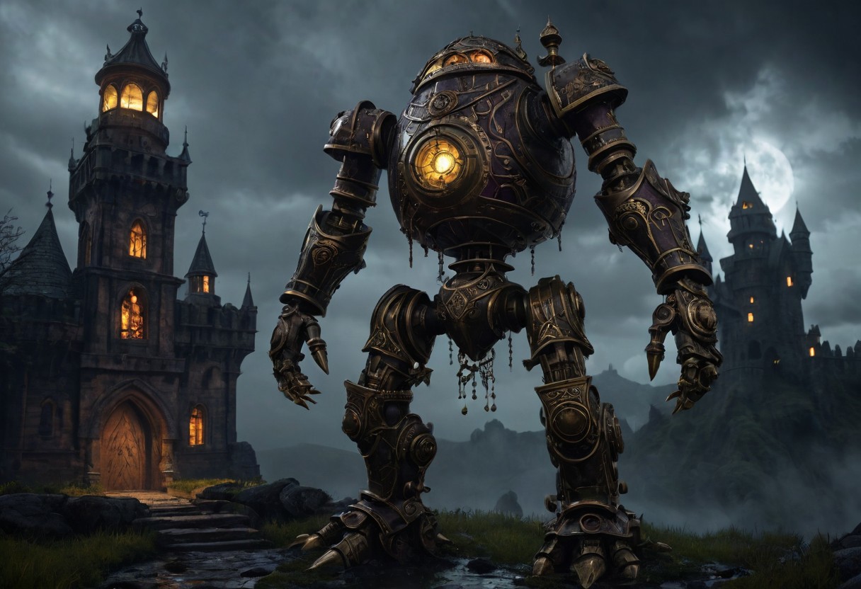 giant bipedal robot brass and dark purple striped paint, bronze paisley robot. lacy robot metal. glass jar helmet torso head. outside of a steampunk keep. large detailed torso. dark image. one forty foot tall ancient robot with great arms and two heavy spring legs. dark foggy night background. $dark foggy night image only. dark photo realistic image. steampunk details. cogs, chains and pipes incorporated in the fantasy buildings. magic wizards tower in background. Dark swamp, moss, castle ruins, wizards tower. stormy dark night.  stormy sky.  rain