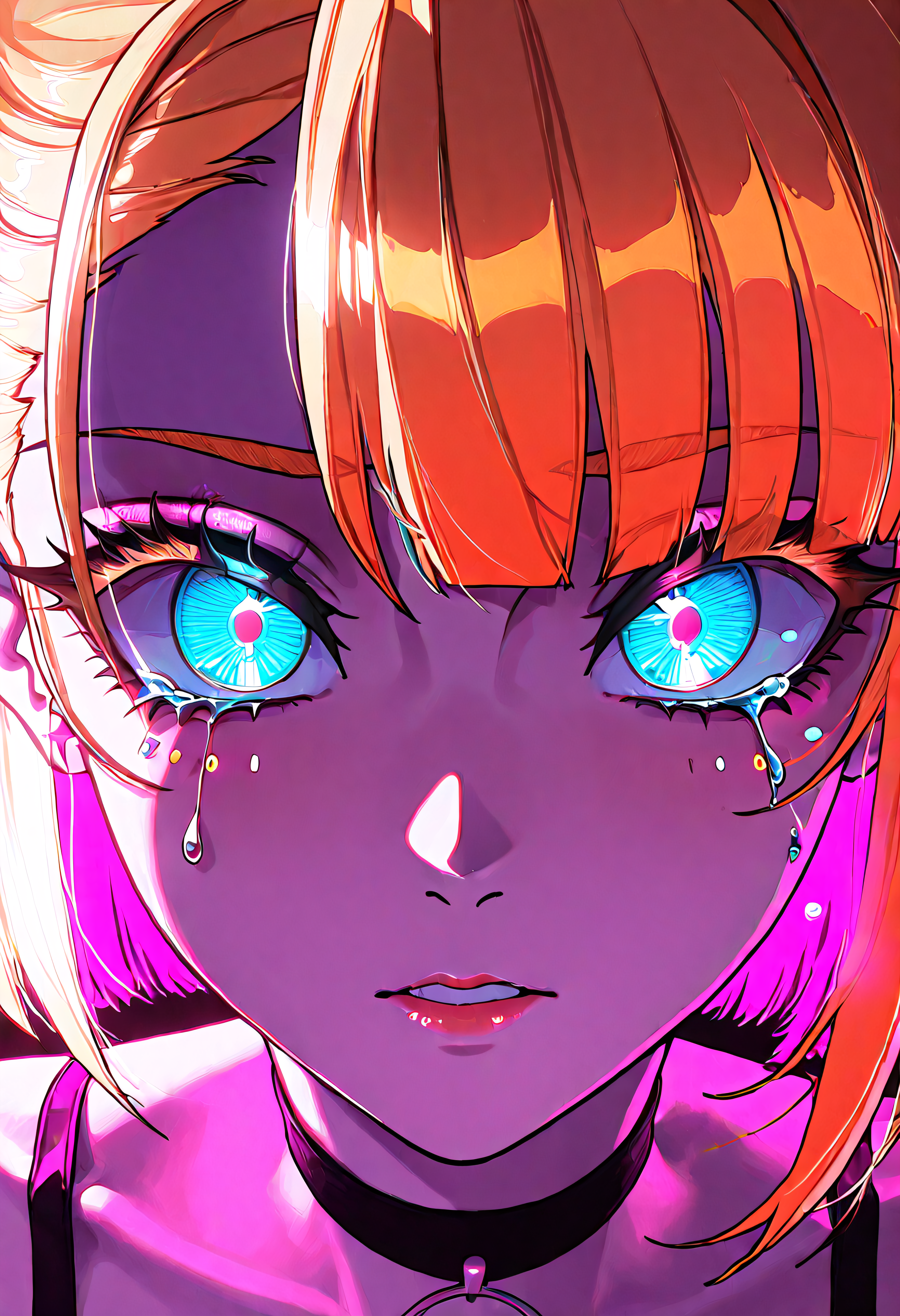 1girl, solo, neon punk ballerina with glitch tears, wistful look as if haunted by code, glitching VR nightclub in zero gravity, binary high-pass filter distortion, 90s VHS bright color scheme, plus, satanic symbols & demonic iconography, fisheye close-up portrait, hyper-detailed, cinematic lighting, 8K, ultra textural