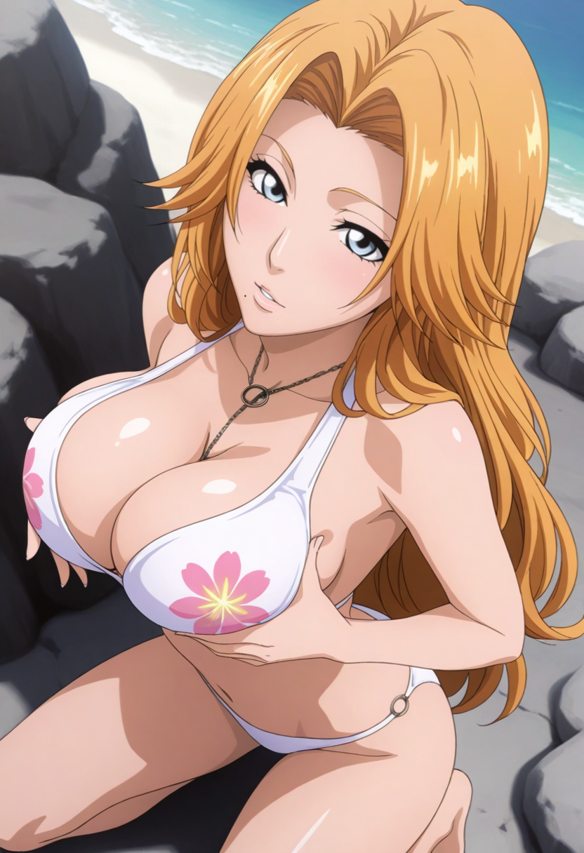 newest, masterpiece, best quality, 4k,
outside, very aesthetic, detailed background, full body,
1girl,solo,  <lora:Rangiku Matsumoto - Bleach:1> rang1ku, matsumoto rangiku, long hair, orange hair, mole under mouth, blue eyes, large breasts, cleavage, necklace, bikini, breast lift