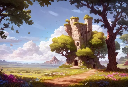 score_9,score_8_up,score_7_up, ultra detail, realistic, SPRING season
MOUNTAIN VALLEY, old stone tower in the distance, a large oak tree in a meadow filled with flowers and tall grass,