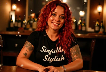 A medium shot photograph at 1:00 AM, showing a curvy 30-year-old woman with long curly red hair and dark green eyes at a wine bar that has linoleum floors, she is a little overweight and voluptuous, old shabby wooden furniture, the only light comes form the mismatched old lamps on the tables. Silver confetti is falling all around her. There is a glass of wine on the table in front of her. She is a beautiful woman with mature features, like wrinkles, freckles and moles are emphasized under Rembrandti lighting. She has a confident, lusty, expectant smile. She is fucking you with her eyes, She has a few tattoos. She is wearing a heavy metal t-shirt that says “Sinfully Stylish” in a star motif. She has medium sized breasts that are very saggy and her erect nipples are covered by the shirt but their outlines are slightly visible, there is a light haze of cigarette smoke in the air
