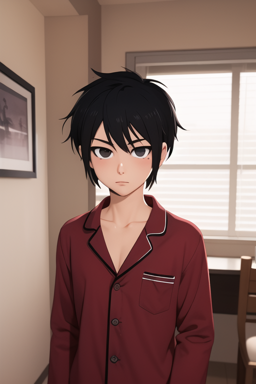 masterpiece, best quality, high quality, 1boy, solo, male focus, looking at viewer, upper body, <lora:hatz_kami_no_tou:0.64>, hatz_kami_no_tou, black hair, black eyes, , pajamas