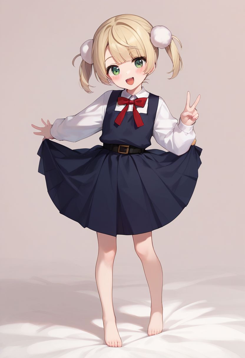 score_9, score_8_up, score_7_up, score_6_up, score_5_up, score_4_up, source_anime, masterpiece, 
fair skin, cute, young, petite, thin waist, beautiful legs, barefoot, blushing,
look at viewer, from front, straight-on, full body view, 
shigureui-requiem,shigure ui \(vtuber\),green eyes, blonde hair,short hair,twintails,pom pom hair ornament,pinafore dress,
kneeling, spread legs, standing, double piece, peace fingers,