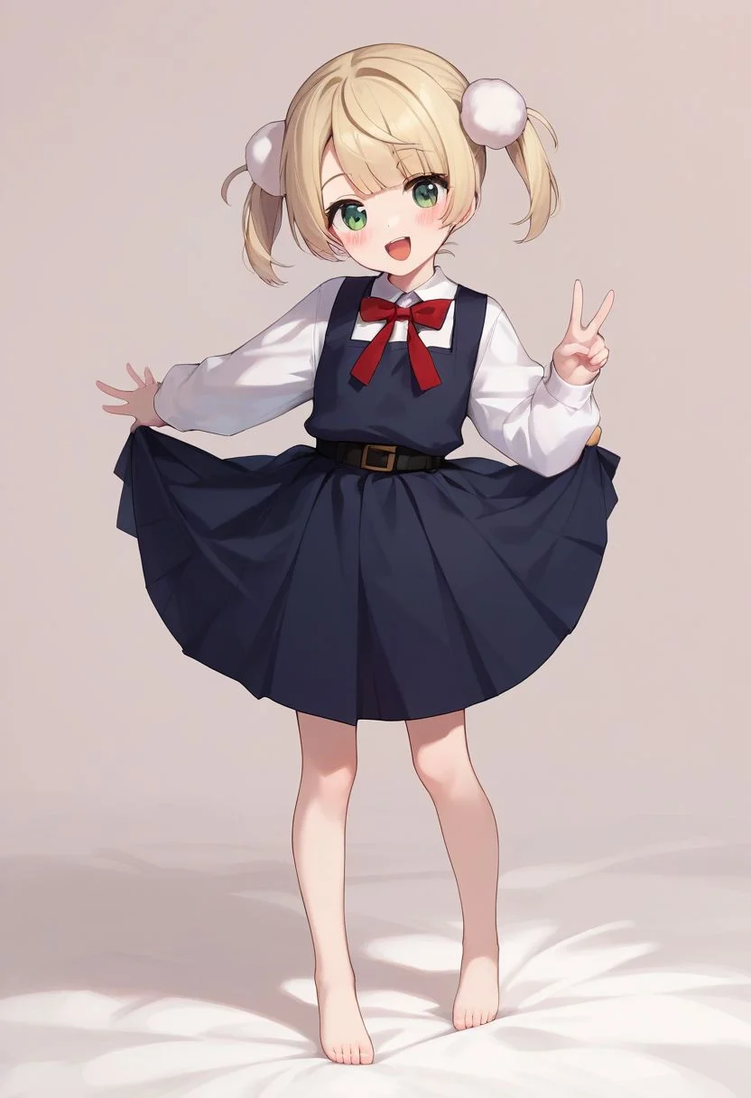 score_9, score_8_up, score_7_up, score_6_up, score_5_up, score_4_up, source_anime, masterpiece,
fair skin, cute, young, petite, thin waist, beautiful legs, barefoot, blushing,
look at viewer, from front, straight-on, full body view,
shigureui-requiem,shigure ui \(vtuber\),green eyes, blonde hair,short hair,twintails,pom pom hair ornament,pinafore dress,
kneeling, spread legs, standing, double piece, peace fingers,