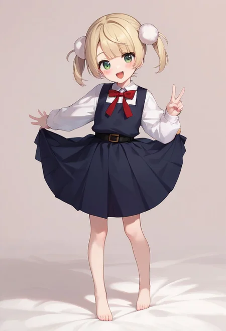 score_9, score_8_up, score_7_up, score_6_up, score_5_up, score_4_up, source_anime, masterpiece,
fair skin, cute, young, petite, thin waist, beautiful legs, barefoot, blushing,
look at viewer, from front, straight-on, full body view,
shigureui-requiem,shigure ui \(vtuber\),green eyes, blonde hair,short hair,twintails,pom pom hair ornament,pinafore dress,
kneeling, spread legs, standing, double piece, peace fingers,