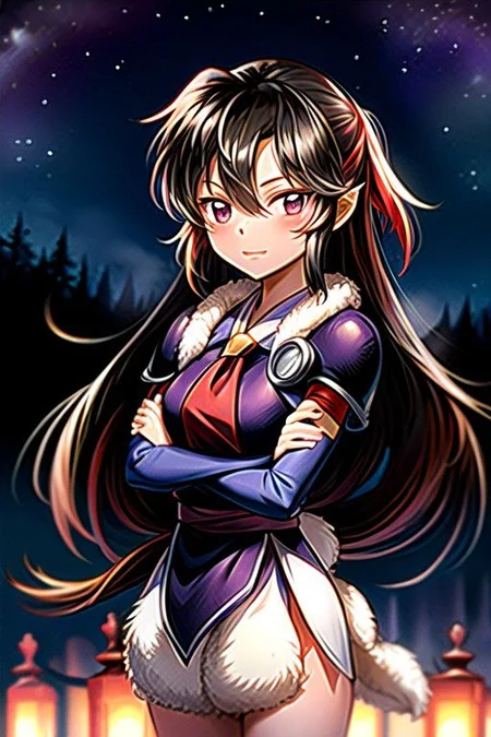 best quality 1girl Setsun4 solo long hair, (night time) forest background black hair very long hair purple eyes multicolored hair armor, small, (fur trim) (medium body),<lora:EMS-179-EMS:0.800000>,<lora:EMS-293862-EMS:0.800000> bow, hair_bow, hair_tubes, red_bow, brown_hair, long_hair, bangs, ascot, frilled_bow, yellow_ascot, blush, smile, hair_between_eyes, athletic, armor, miko, strengthmda, crossed arms,