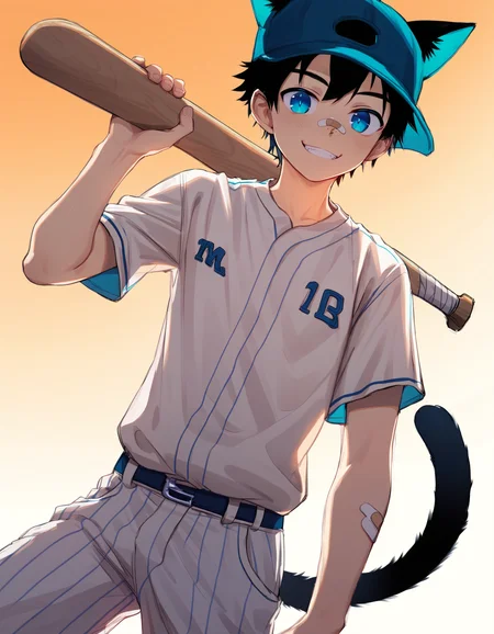 score_9, score_8_up, score_7_up, score_6_up, source_anime, orange gradient background, dutch angle, backlighting, 1boy, solo, black hair, blue eyes, baseball uniform, baseball cap, cat ears, cat tail, cat boy, looking viewer, smile, bandaid on nose <lora:rukiruki_AMXL_v1e-ShoAI:0.6> <lora:luye-yuan_PDXL_v2-ShoAI:0.6>