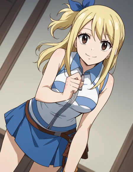 score_9, score_8_up, score_7_up, source_anime,
lucyheartfilia, <lora:lucy-heartfilia-s7-ponyxl-lora-nochekaiser:1>,
lucy heartfilia, blonde hair, brown eyes, long hair,
one side up, ribbon, hair ribbon, blue ribbon, skirt, shirt, bare shoulders, boots, sleeveless, blue skirt, sleeveless shirt, white shirt, zipper,
indoors, bent over, smile,
looking at viewer, cowboy shot, solo, dutch angle,