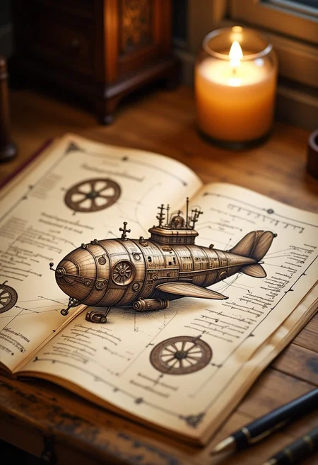 sepia anatomysketch of a steampunk airship, highly detailed. The sketch is placed on a wooden desktop lit by a candle