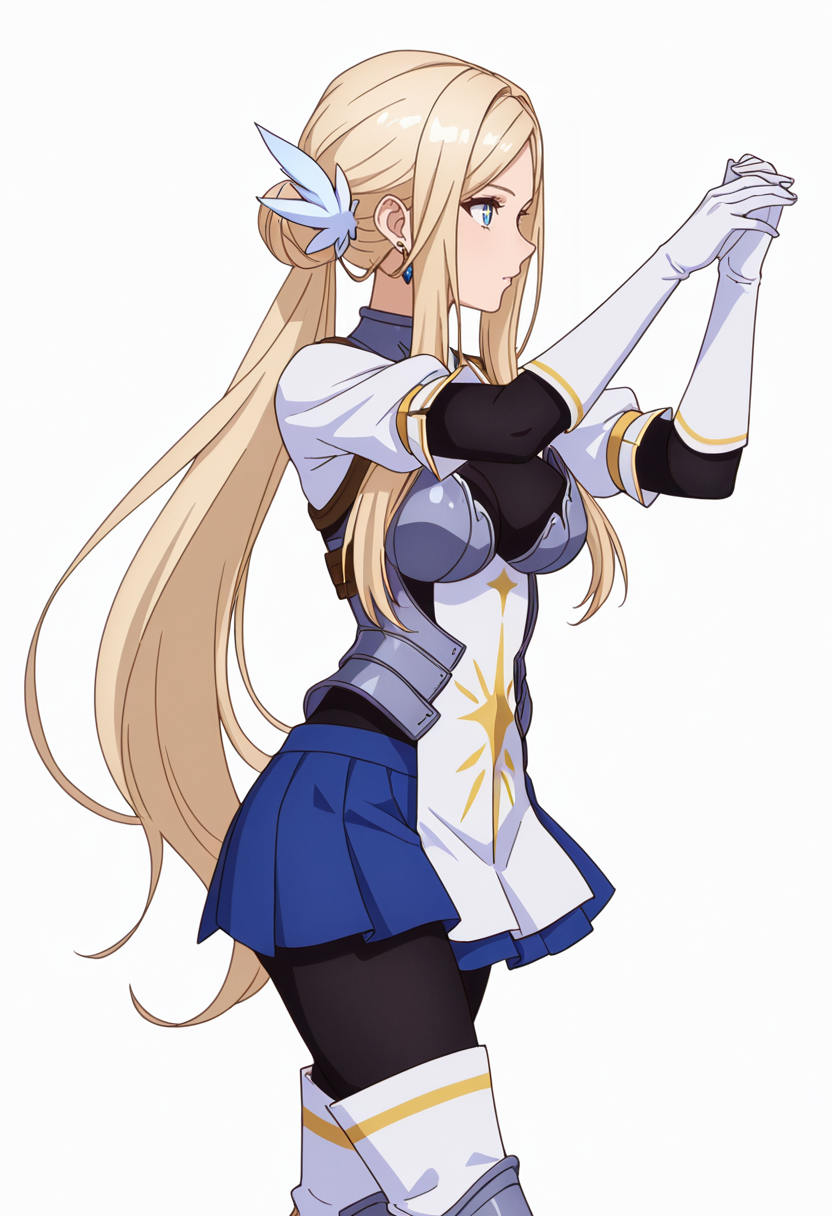 Smooth Quality,masterpiece,very intricate, high quality details, ultra realistic, high detailed skin,detailed enviorement,absurdres,
simple background, white background, dancing, solo,from side,
 <lora:Krishna_CNR:0.8> krishna_cnr, 1girl,blonde hair,very long hair,single hair bun, sidelocks, parted bangs, blue eyes, breasts,white hair ornament, earrings,armor, breastplate, armored dress, blue skirt, pleated skirt,white gloves, black pantyhose,white thigh boots,, color drain,, + +,