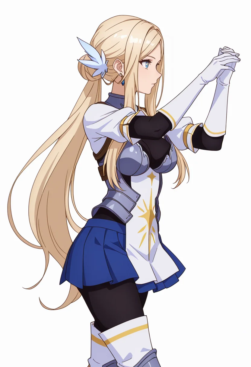 Smooth Quality,masterpiece,very intricate, high quality details, ultra realistic, high detailed skin,detailed enviorement,absurdres,
simple background, white background, dancing, solo,from side,
<lora:Krishna_CNR:0.8> krishna_cnr, 1girl,blonde hair,very long hair,single hair bun, sidelocks, parted bangs, blue eyes, breasts,white hair ornament, earrings,armor, breastplate, armored dress, blue skirt, pleated skirt,white gloves, black pantyhose,white thigh boots,, color drain,, + +,