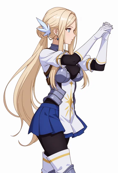Smooth Quality,masterpiece,very intricate, high quality details, ultra realistic, high detailed skin,detailed enviorement,absurdres,
simple background, white background, dancing, solo,from side,
<lora:Krishna_CNR:0.8> krishna_cnr, 1girl,blonde hair,very long hair,single hair bun, sidelocks, parted bangs, blue eyes, breasts,white hair ornament, earrings,armor, breastplate, armored dress, blue skirt, pleated skirt,white gloves, black pantyhose,white thigh boots,, color drain,, + +,