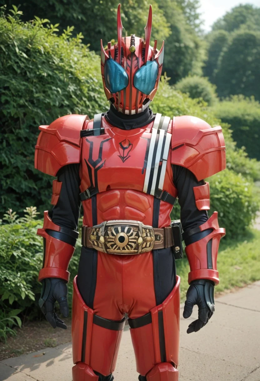 score_9, score_8, score_7, solo, armor, tokusatsu, bodysuit, helmet, rider belt, beetle, beetle horn, red armor, cyan eyes,
