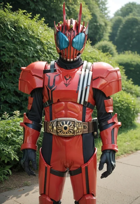 score_9, score_8, score_7, solo, armor, tokusatsu, bodysuit, helmet, rider belt, beetle, beetle horn, red armor, cyan eyes,