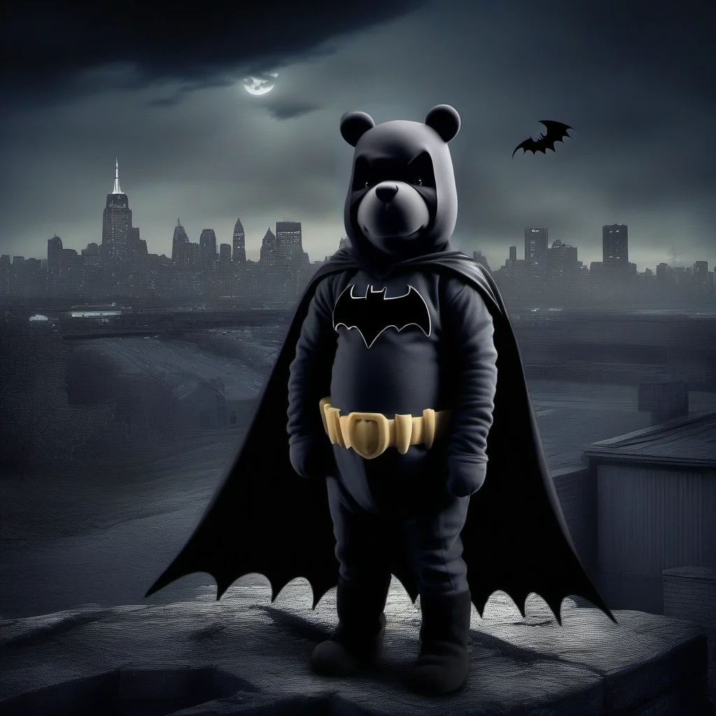 a liveaction winnie the pooh wears a batman outfit, fights crime, gothamcity background, batman sign in the sky<lora:Winnie1024:0.8>