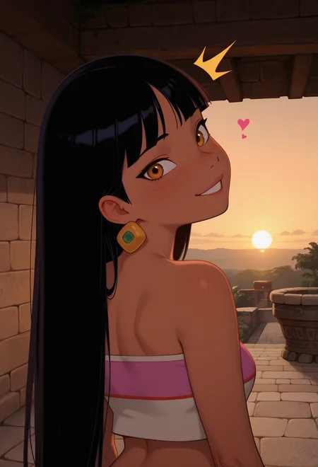 masterpiece, best quality, cinematic lighting, amazing quality, very aesthetic, absurdres, best quality, 4k, upscale, melanch0ly, hearts, detailed pupils, well drawn eyes, brown eyes,
chel, portrait, crop top, looking at viewer, smile, cute, looking back, head tilt, ^^,
bedroom, sunrise, dark lighting, warm lighting, front view,
<lora:Chel_IL:0.8>