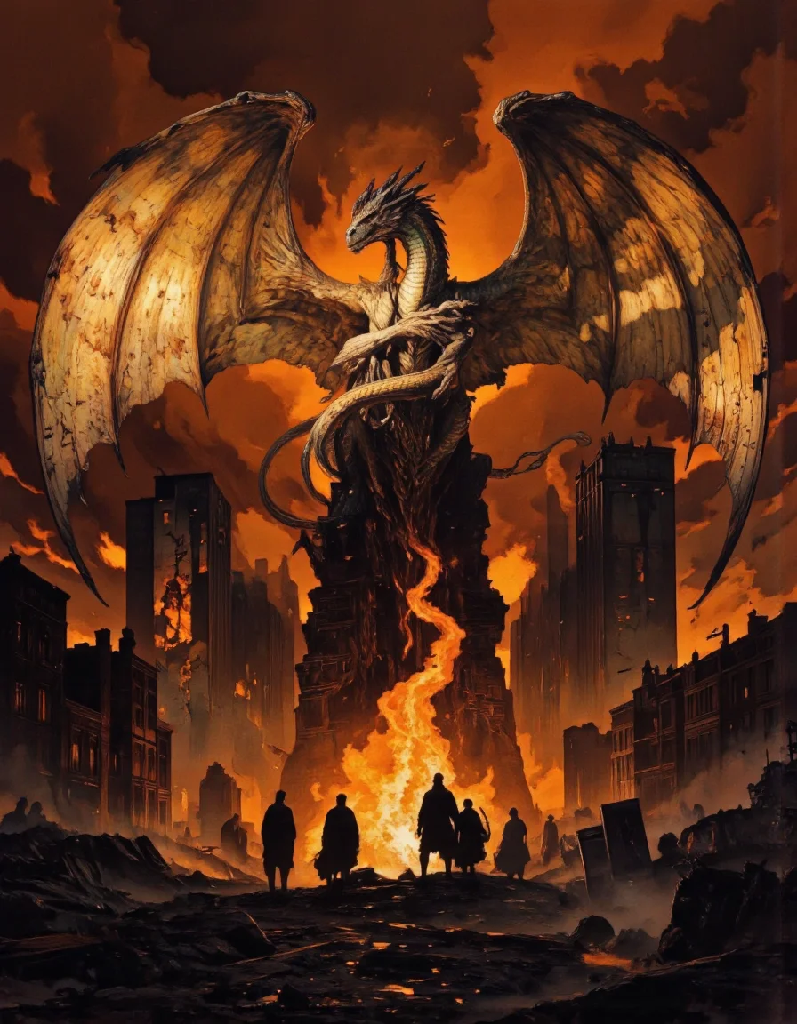 Art by Gerald Brom. A dramatic digital illustration shoot from below about a large, majestic dragon towering over a group of silhouetted figures amidst a fiery, destroyed cityscape. the dragon, positioned in the center of the image, appears to be a powerful creature with large wings and a long, serpent-like tail, standing majestically in the middle of the scene. it is facing the viewer with its wings spread wide, and its scales glimmering in the intense orange and yellow hues of the setting sun. the cityscape below is filled with tall, crumbling buildings, and the flames are casting a warm glow over the scene, creating a sense of destruction and chaos. in the foreground, a few silhouettes of people, including men and women, are visible, standing in a line, facing the dragon. the overall atmosphere is one of chaos and foreboding, with the dragon's powerful presence commanding attention.