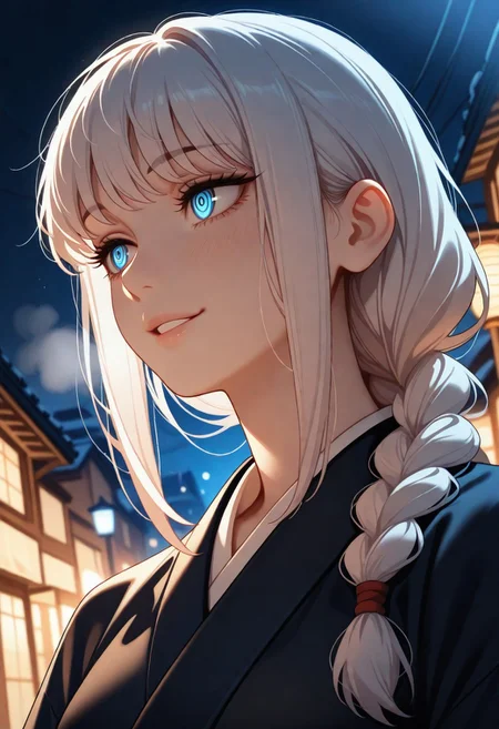 masterpiece, best quality, amazing quality, very aesthetic, flat colors, (artist:rain_rkgk:1), (artist:Tsuaii:1),
female portrait, close up, 1girl, solo, makima (chainsaw man), long hair, smile, bangs, blue eyes, braid, white hair, braided ponytail, ringed eyes, kimono, close up, waist up, posing, looking away, parted lips, steam, cold weather, foggy, night time, Dark, misty, street, walking, dynamic angle, natural light,