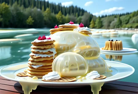 {foodphoto, a stack of pancakes made out of slime, (slime pancakes:2.5), slime syrup, slime pancakes covered in syrup, a swirl of slime whipped topping on top of a stack of pancakes, (slime whipped cream:2.5), (tan slime pancakes:2.5), (white slime topping:2.5)},
plate made of slime, table made of slime,
natural light, no bright spots,
((translucent slime)), ((transparent slime)), made of water, (bioluminescent slime), sl1m3d, slime, slime-morph, ais-blmn, saturated colors, no creatures, no humans, no monsters, no pokemon, scenery only, scenery, no slime creatures,