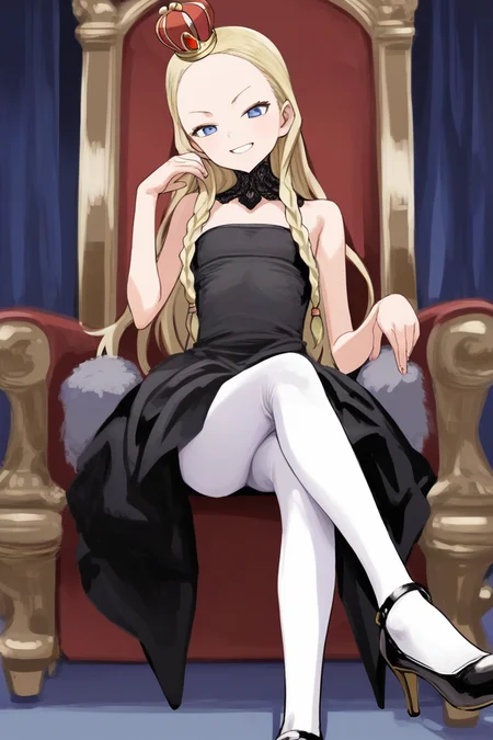 score_9, score_8_up, score_7_up, source_anime, rating_safe BREAK
naughty grin, blonde hair, braided bangs, long hair, gold mini crown, blue eyes, forehead, flat chest, black dress, white pantyhose, black shoes, (ojou-sama pose:0.8), sitting, crossed legs, high heels, royal throne, luxurious living room