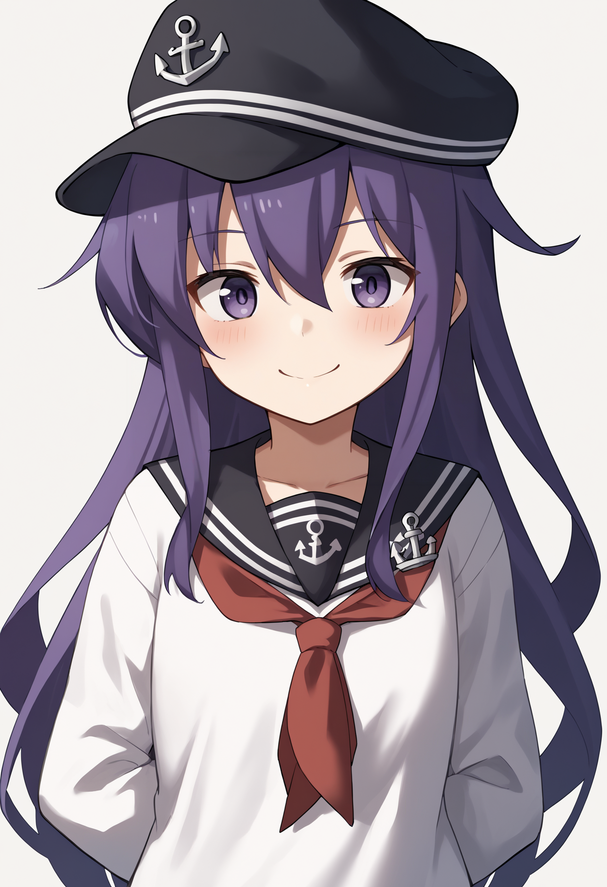 score_9, score_8_up, score_7_up, score_6_up, score_5_up, score_4_up, BREAK, source_anime,
1girl, akatsuki \(kancolle\), purple hair, long hair, hair between eyes, purple eyes,
flat cap, anchor symbol, black sailor collar, black skirt, loafers, long sleeves, neckerchief, pleated skirt, sailor collar, school uniform, serafuku,
hands behind back, smile, upper body, looking at viewer, solo, simple background, white background    <lora:AkatsukiXL:1>