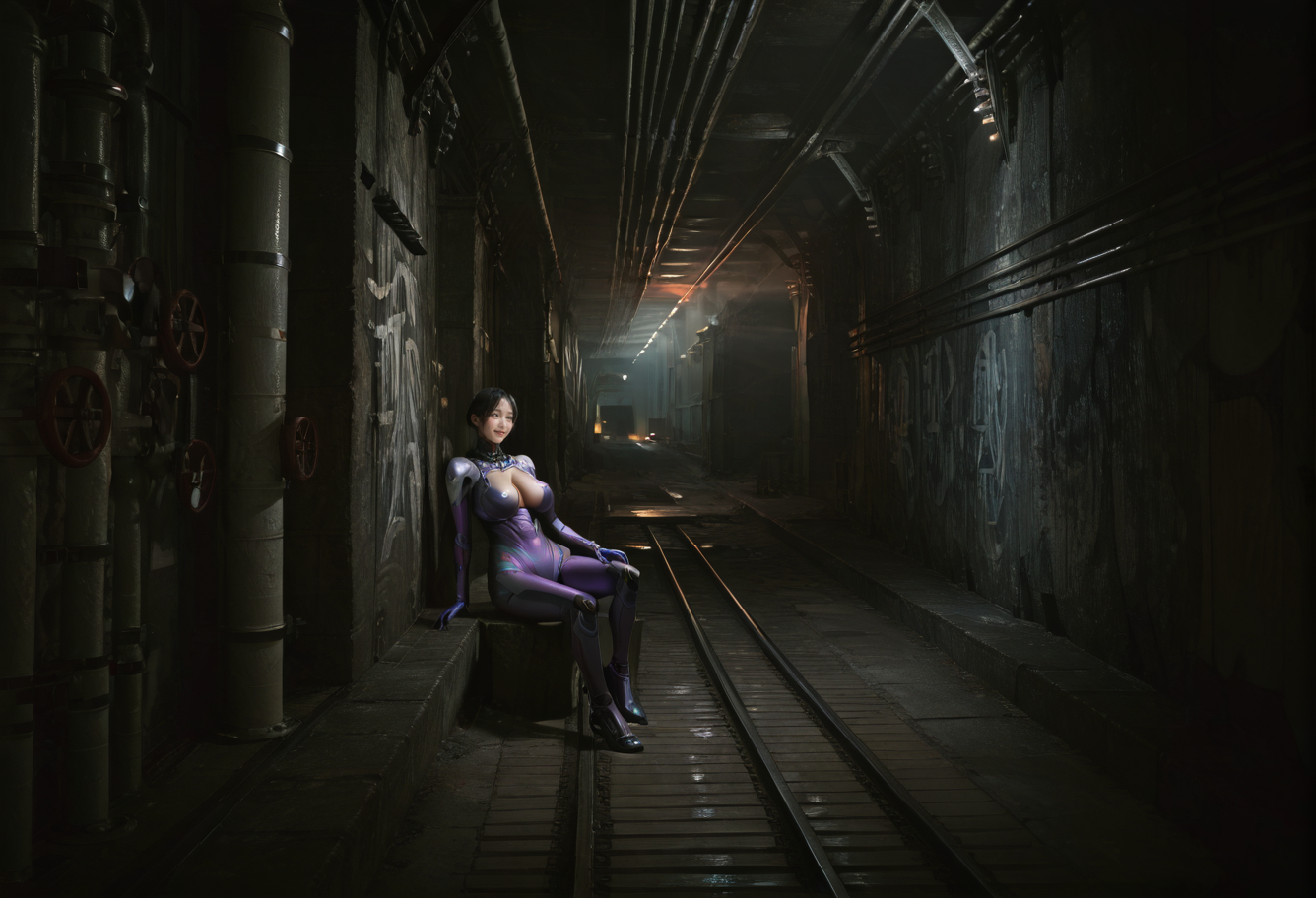,ruanyi0886,indoors,tunnel,pillar,
1girl,,ruanyi0867,purple bodysuit,cyborg,science fiction,skin tight,sitting,<lora:0886 tunnel_v1_pony:1>,<lora:0867 Battle suit_v1_pony:0.7>, score_9, score_8_up, score_7_up, score_6_up, score_9, score_8_up, score_7_up, score_6_up source_anime, blush, 1girl, seduce smile, perfect body , natural huge breasts