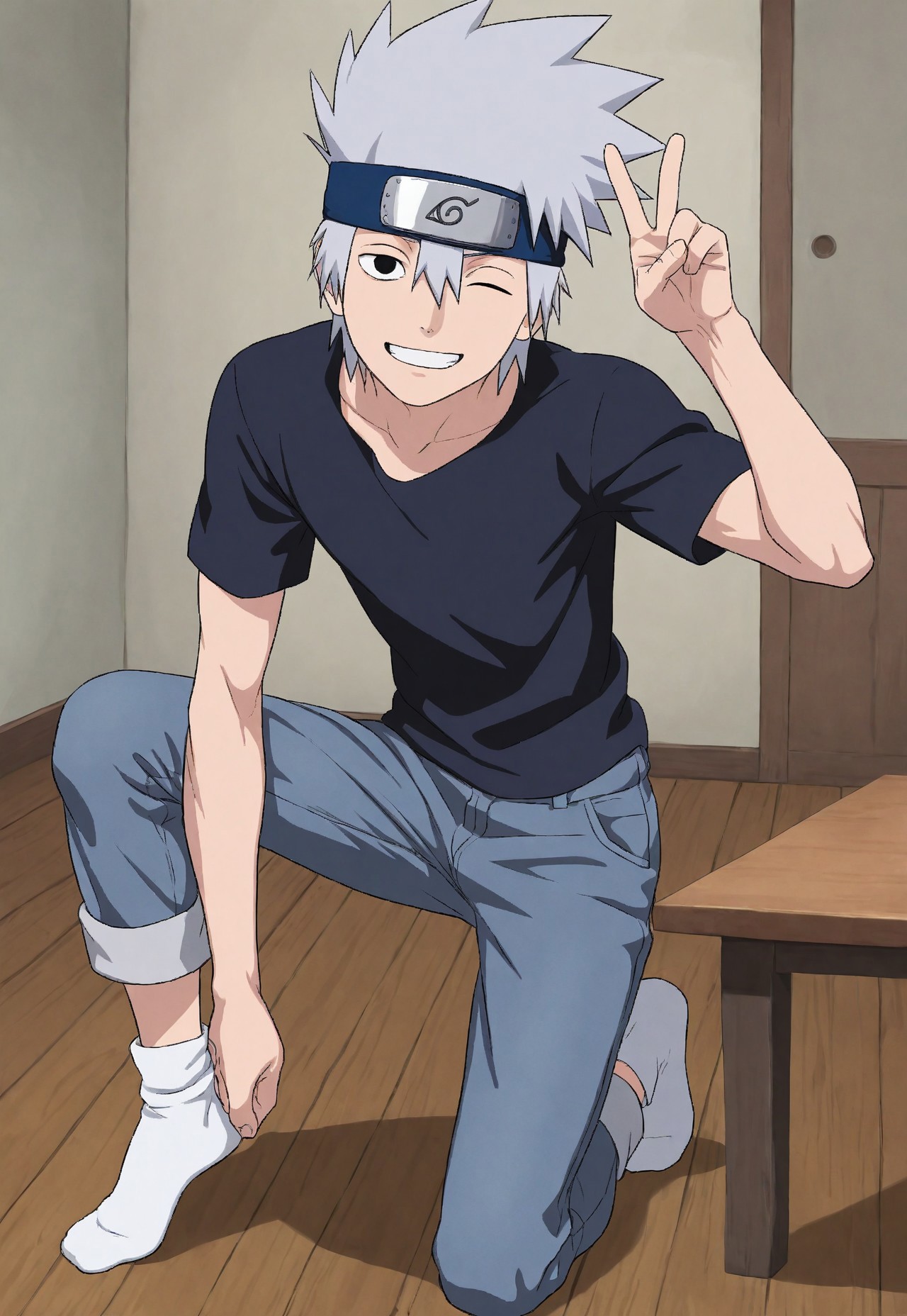 masterpiece, best quality, amazing quality, very aesthetic, absurdres, newest, detailed background, 1boy, solo, male focus, fbKakashi, skinny, muscular, grey hair, black eyes, one eye closed, messy hair, t-shirt, jeans, white ankle socks, no shoes, forehead protector, konohagakure symbol, one foot up, one foot on table, one knee bent, standing, on floor, peace sign, smiling, bedroom